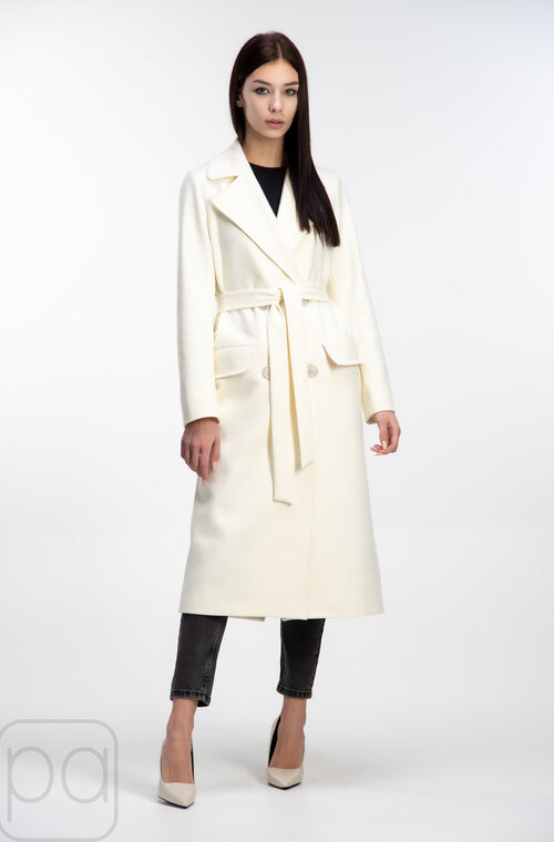 Пальто двухбортное длинное с поясом ELVI молочный цвет купить Львов 03