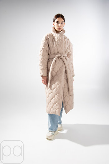 Стеганое пальто с поясом демисезонное BOCHAROVA цвет бежевый купить Кропивницкий 1