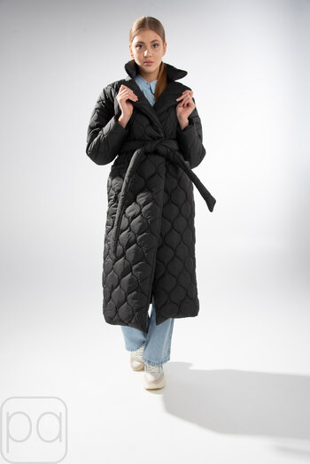 Довге пальто стьобане з поясом BOCHAROVA чорний колір купити Енергодар 1