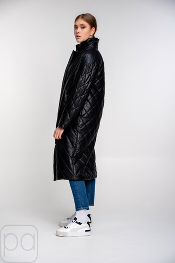 Куртка-пальто стьобане з еко-шкіри SNOW-OWL колір чорний купити Чернівці 01