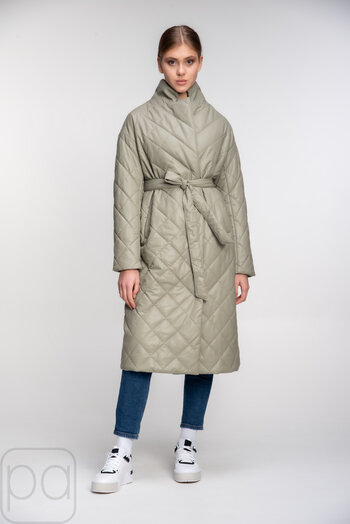 Куртка стьобана довга з поясом SNOW-OWL колір оливковий безкоштовна доставка 
