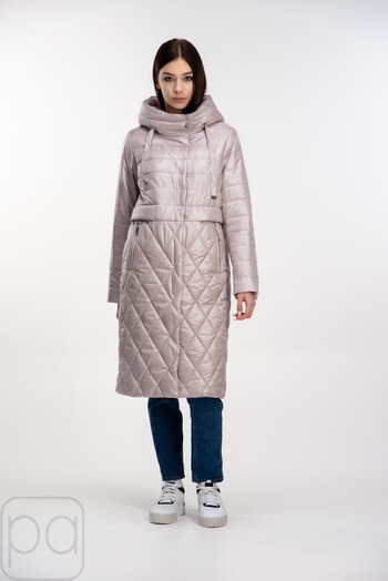 Довга стьобана куртка з капюшоном SNOW-OWL колір перлина купити Київ 