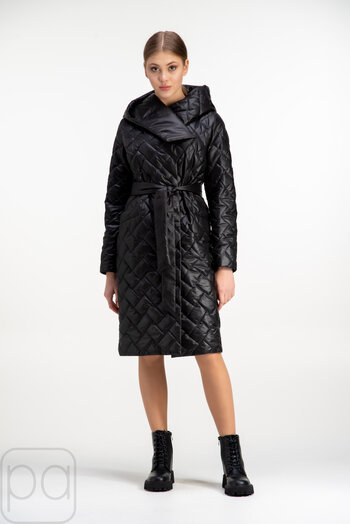 Стьобане пальто з капюшоном TIARA чорний колір купити Луцьк 
