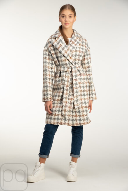 Короткое пальто в клеточку с поясом ALISA серый цвет купить Жашков 