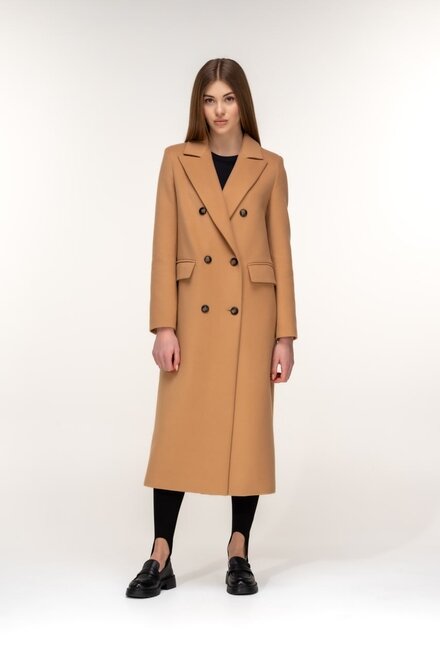 Класичне приталене пальто з поясом ELVI колір пісок купити Миколаїв 