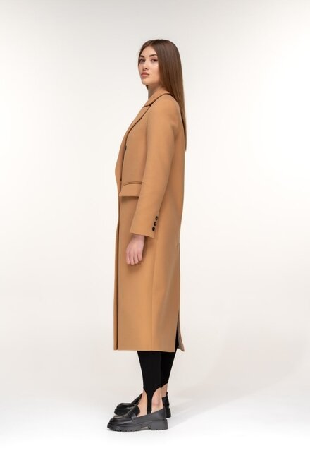 Класичне приталене пальто з поясом ELVI колір пісок купити Миколаїв 1