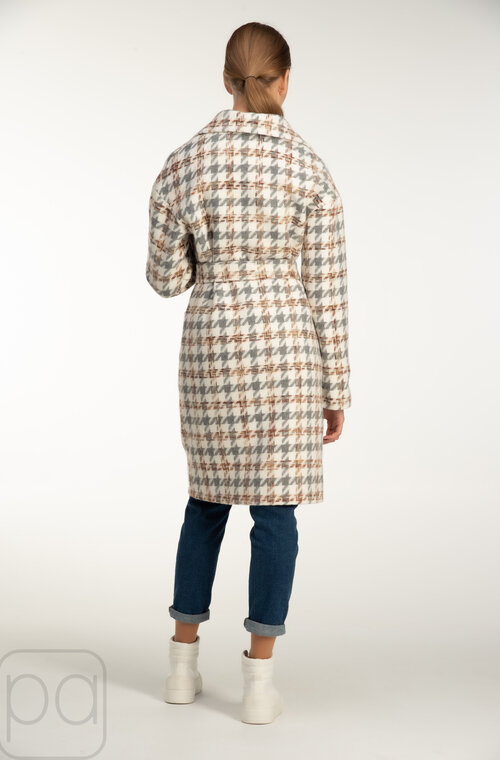 Короткое пальто в клеточку с поясом ALISA серый цвет купить Жашков 3