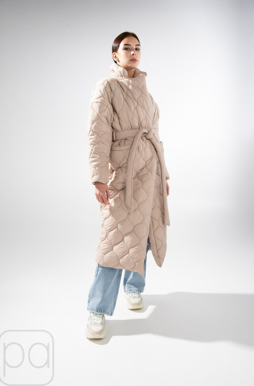 Стьобане пальто з поясом демісезонне BOCHAROVA колір бежевий купити Кропивницький 5
