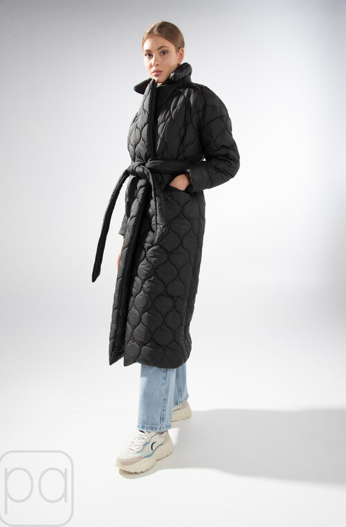 Длинное пальто стеганое с поясом BOCHAROVA черный цвет купить Энергодар 2