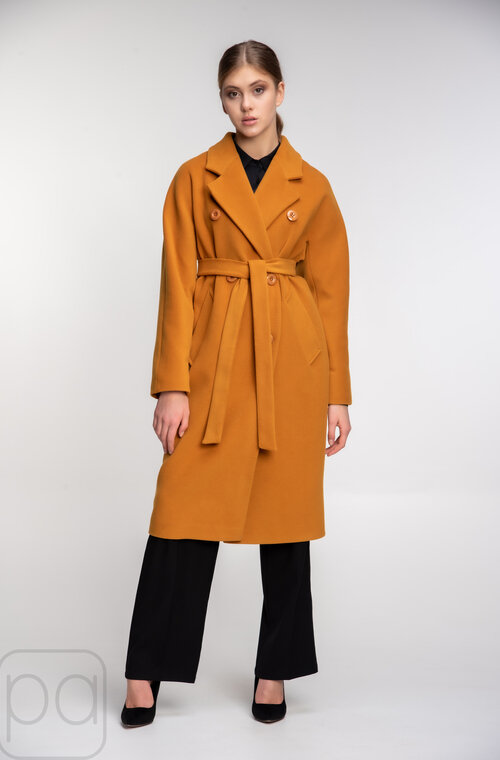 Пальто двуборное с поясом демисезонное NINA VLADI цвет горчица купить Чернигов 02