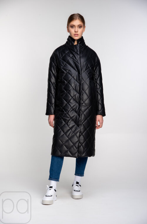 Куртка-пальто стьобане з еко-шкіри SNOW-OWL колір чорний купити Чернівці 