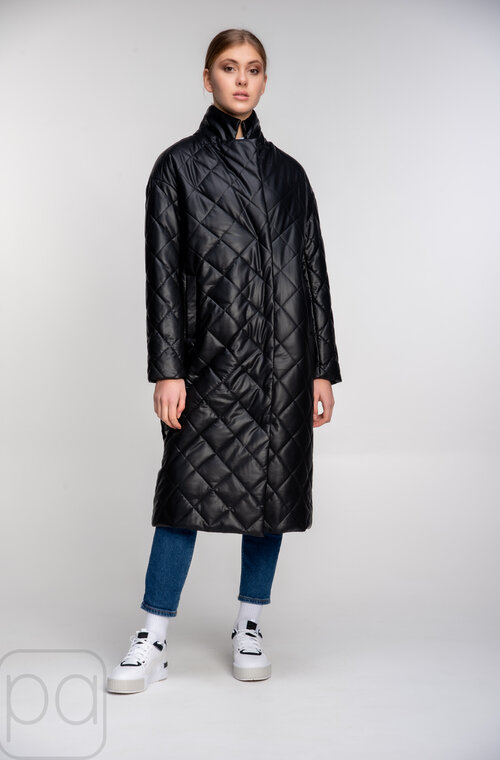 Куртка-пальто стеганное из эко-кожи SNOW-OWL цвет черный купить Черновцы 02
