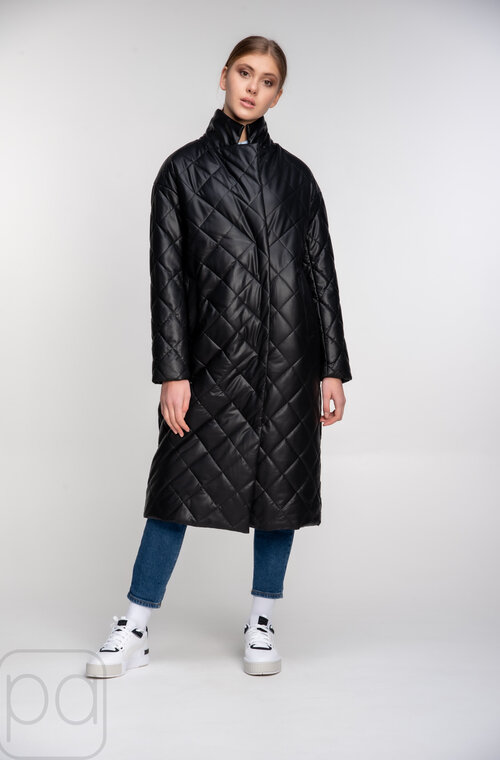Куртка-пальто стеганное из эко-кожи SNOW-OWL цвет черный купить Черновцы 04