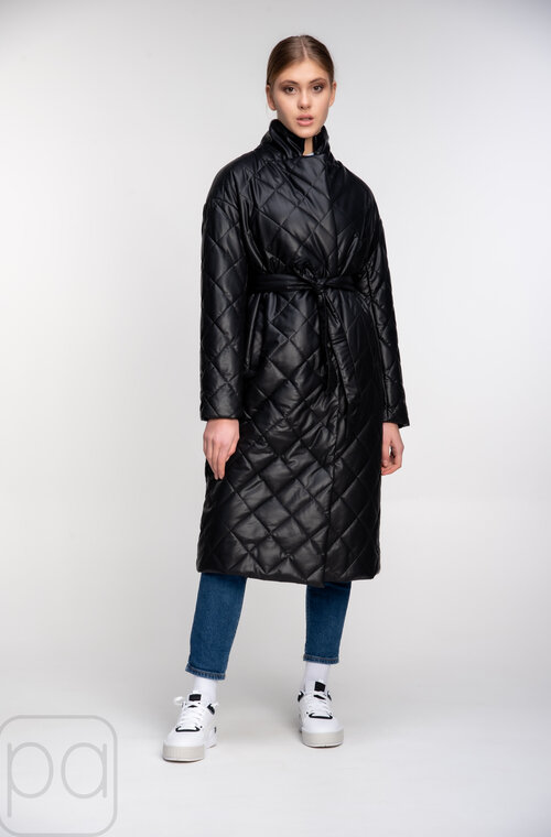 Куртка-пальто стеганное из эко-кожи SNOW-OWL цвет черный купить Черновцы 03