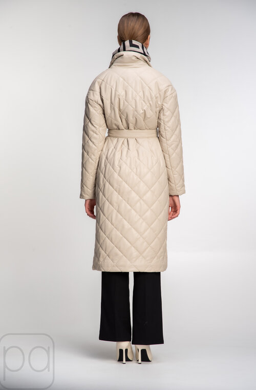 Куртка стеганная с поясом эко-кожа SNOW-OWL молочный цвет купить Бар 03