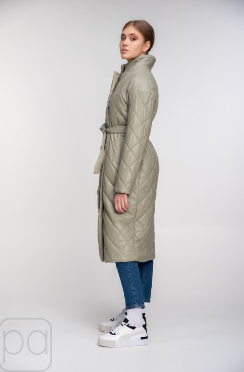 Куртка стьобана довга з поясом SNOW-OWL колір оливковий безкоштовна доставка 02