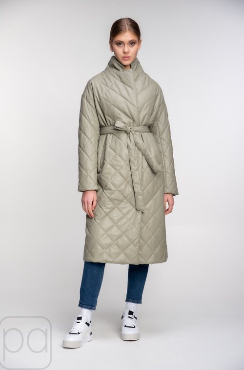 Куртка стьобана довга з поясом SNOW-OWL колір оливковий безкоштовна доставка 