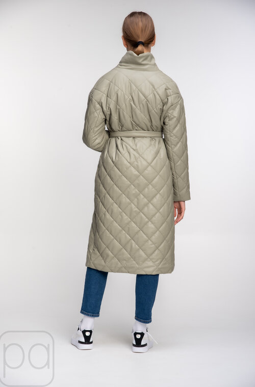 Куртка стьобана довга з поясом SNOW-OWL колір оливковий безкоштовна доставка 04