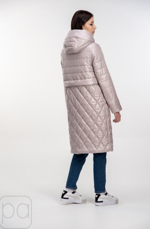 Длинная стеганная куртка с капюшоном SNOW-OWL цвет жемчужина купить Киев 03