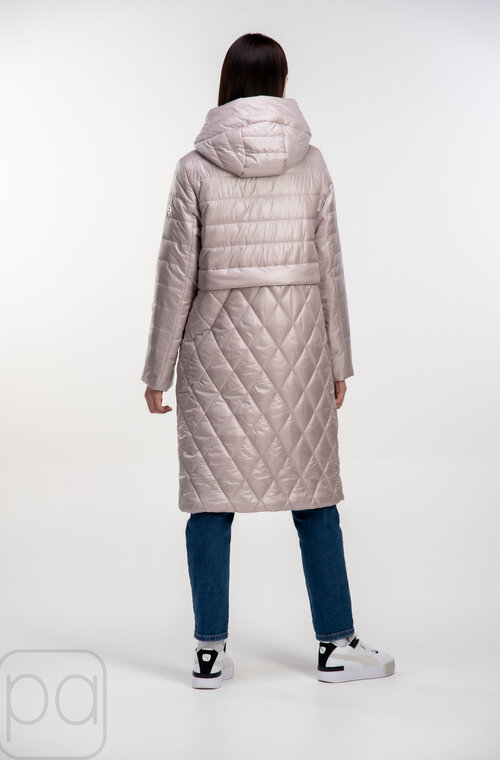 Длинная стеганная куртка с капюшоном SNOW-OWL цвет жемчужина купить Киев 04