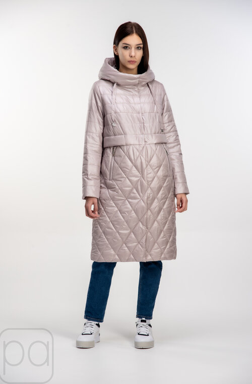Довга стьобана куртка з капюшоном SNOW-OWL колір перлина купити Київ 05