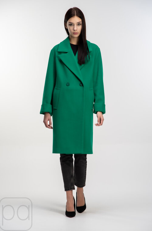 Пальто двухбортное демисезонное с поясом ELVI цвет зеленый купить Сумы 02