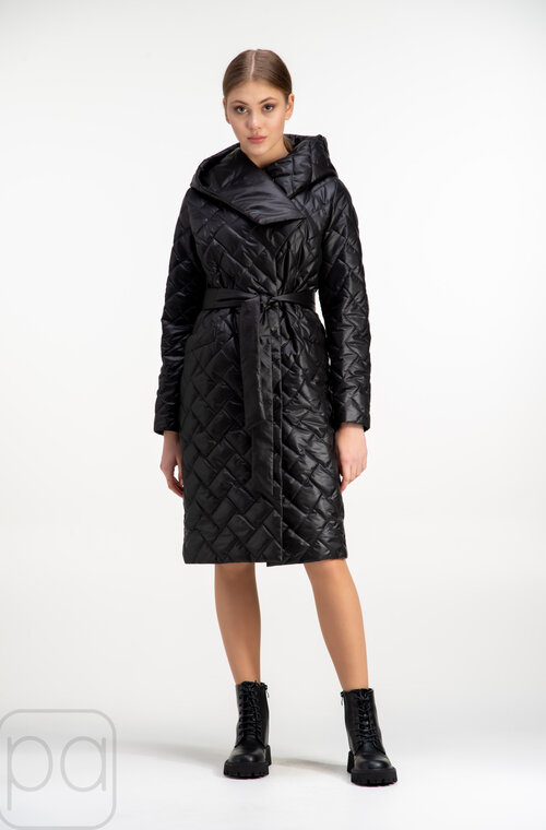 Стьобане пальто з капюшоном TIARA чорний колір купити Луцьк 