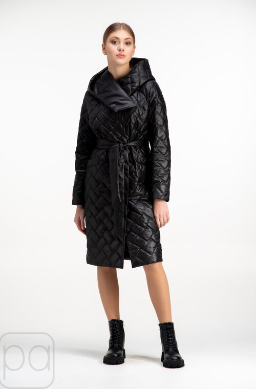 Стьобане пальто з капюшоном TIARA чорний колір купити Луцьк 02