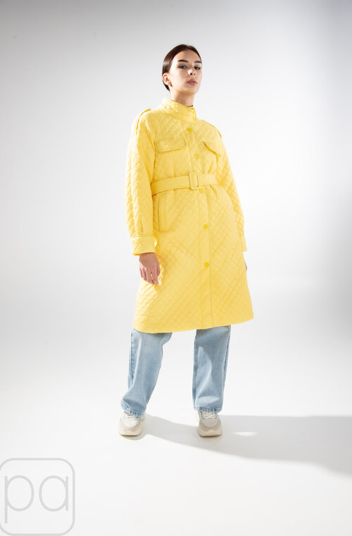 Стильна стьобана куртка з поясом жовтого кольору купити Полтава 2