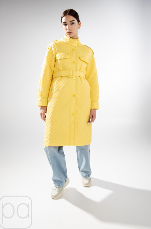 Стильна стьобана куртка з поясом жовтого кольору купити Полтава 5