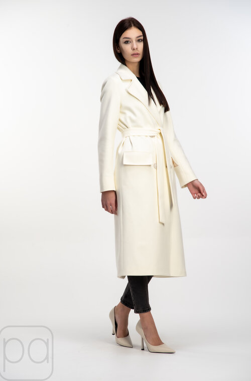 Пальто двухбортное длинное с поясом ELVI молочный цвет купить Львов 04
